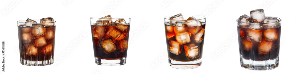 Four glasses of cola with ice cubes, showcasing a refreshing beverage for all occasions and summer gatherings. transparent background Four glasses of cola with ice cubes, showcasing a refreshing beverage for all occasions and summer gatherings. transparent background