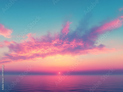 Vibrant sunset over calm ocean with dramatic pink and purple clouds in a clear blue sky, creating a serene and peaceful atmosphere, ideal for nature, travel, and relaxation themed designs
