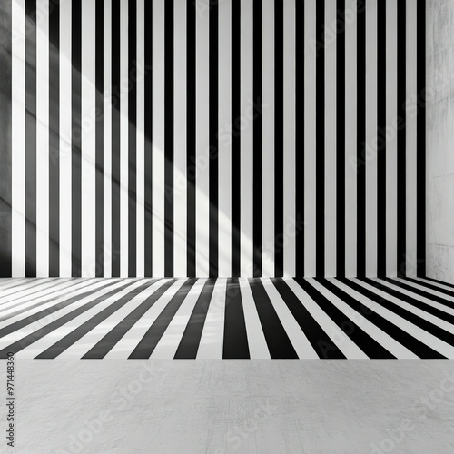 Black and white striped room with angled sunlight in a minimalist space