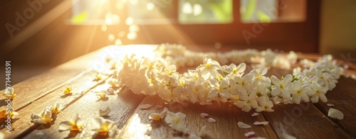 A white flower wreath is on a wooden table