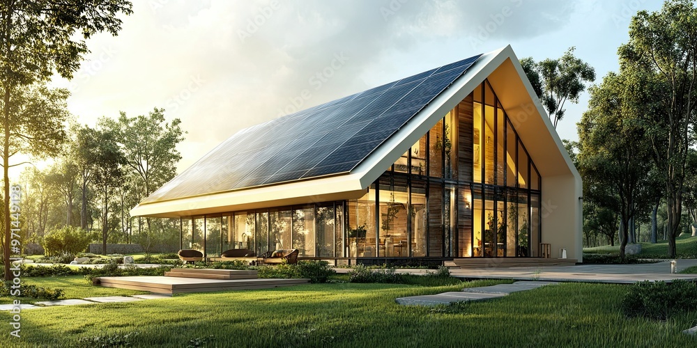 Obraz premium luxury ivory and yellow chalet house with modern solar panel and fresh green park