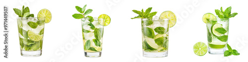 Refreshing mojito cocktails with mint and lime, perfect for summer gatherings or beach parties. transparent background