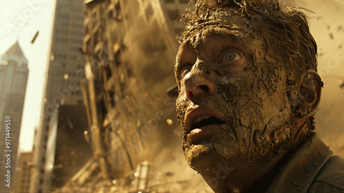 A close-up of a personâs face, wide-eyed and covered in ash, as they witness the collapse of towering buildings behind them. photo