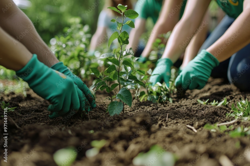 Volunteers planting young trees in a community garden on a sunny day Volunteers planting young trees in a community garden on a sunny day