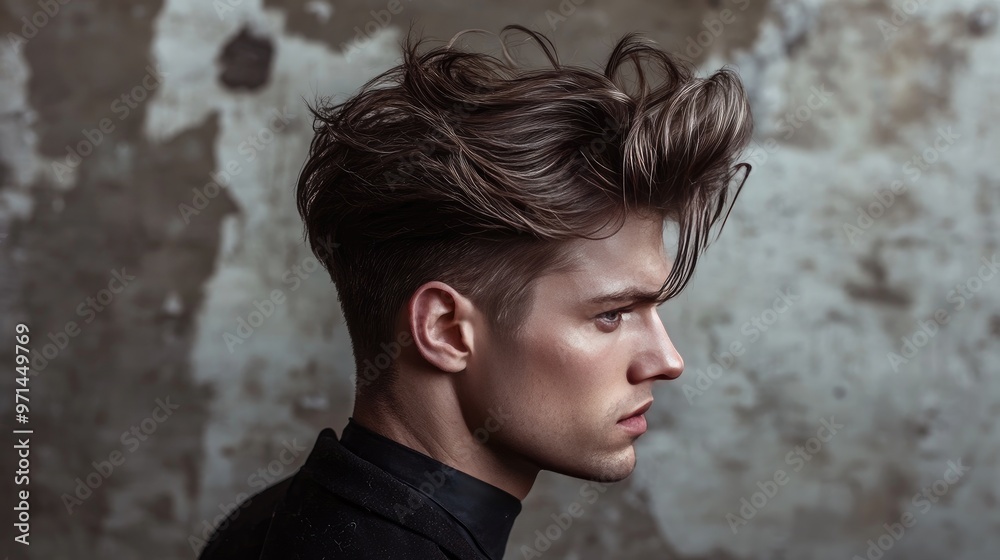 A side view of a man with a textured quiff hairstyle, showing off the volume and natural flow of the hair, styled to perfection. A side view of a man with a textured quiff hairstyle, showing off the volume and natural flow of the hair, styled to perfection.