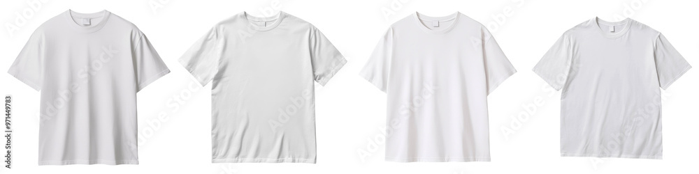 Set of four blank white t-shirts arranged neatly, ideal for clothing mockups or personalized designs. transparent background Set of four blank white t-shirts arranged neatly, ideal for clothing mockups or personalized designs. transparent background