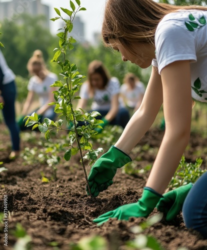 Volunteers with green gloves are planting young trees in a community garden