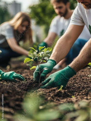 Volunteers planting new trees in a community garden on a sunny day photo