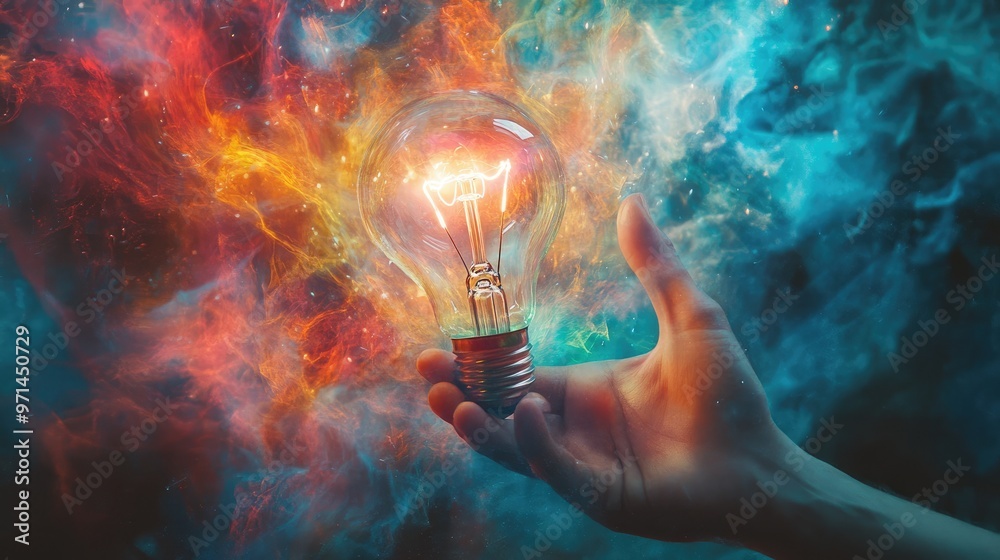 Abstract hand holding a lightbulb with a mesmerizing, glowing aura, vibrant backdrop Abstract hand holding a lightbulb with a mesmerizing, glowing aura, vibrant backdrop