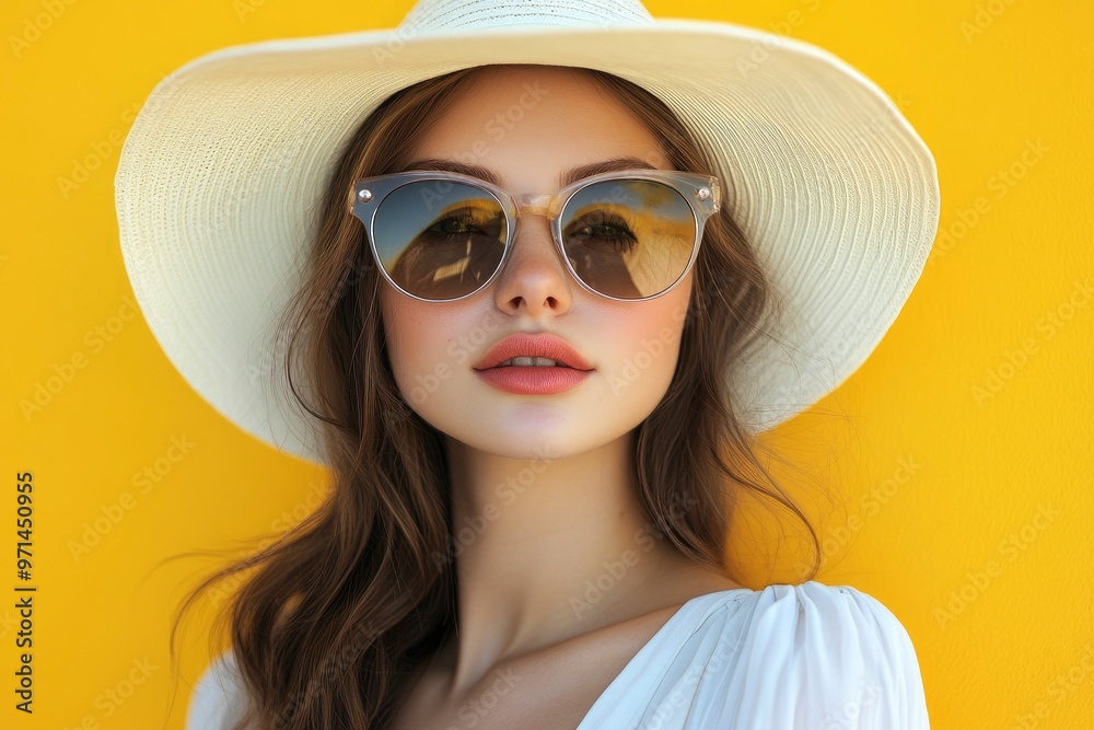 Portrait of beautiful girl in hat and sunglasses on colorful background. Fashion portrait of a beautiful young woman in sunglasses on a yellow summer background. with generative ai Portrait of beautiful girl in hat and sunglasses on colorful background. Fashion portrait of a beautiful young woman in sunglasses on a yellow summer background. with generative ai