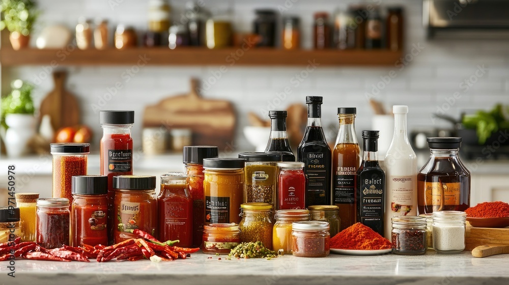 A variety of chili-based condiments--sauces, pastes, and powders--arranged beautifully on a kitchen counter, showcasing the range of spicy flavors available. A variety of chili-based condiments--sauces, pastes, and powders--arranged beautifully on a kitchen counter, showcasing the range of spicy flavors available.