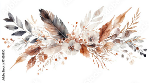 A beautiful boho inspired floral arrangement featuring soft watercolor elements, including leaves, flowers, and feathers in warm earthy tones. This design evokes sense of natural elegance and tranquil photo