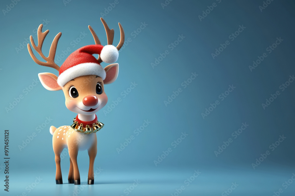 Cute cartoon reindeer wearing a santa hat and bells is standing on a blue background Cute cartoon reindeer wearing a santa hat and bells is standing on a blue background