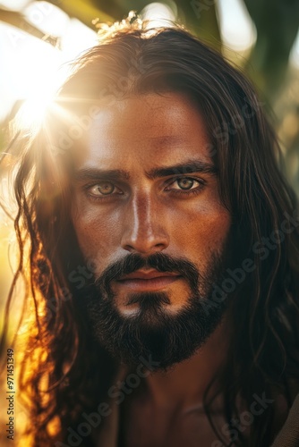 Jesus Christ with long hair and beard, illuminated by sunlight outdoors