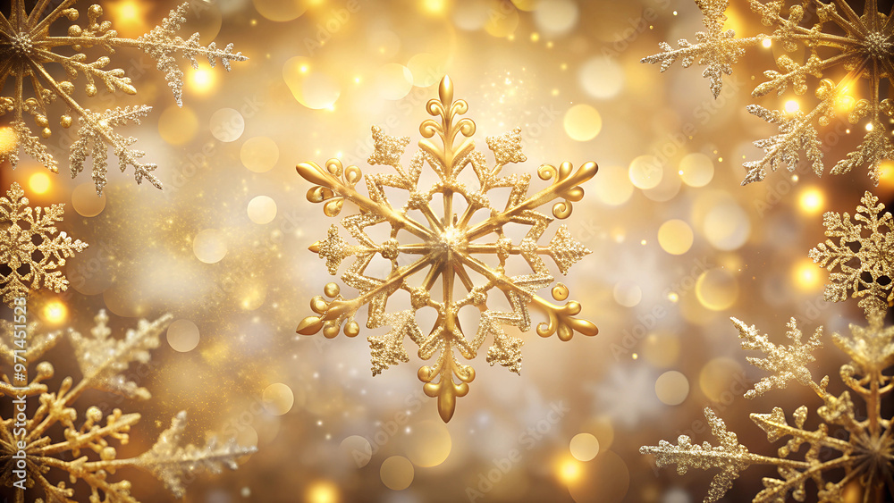 Golden snowflake with bokeh lights, festive winter holiday background Golden snowflake with bokeh lights, festive winter holiday background