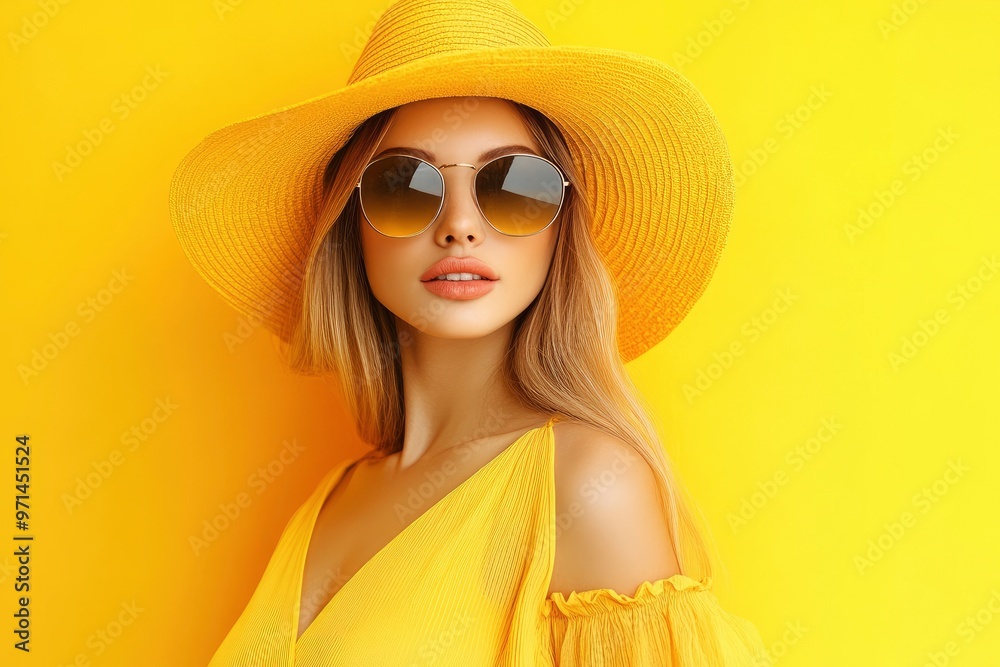Portrait of beautiful girl in hat and sunglasses on colorful background. Fashion portrait of a beautiful young woman in sunglasses on a yellow summer background. with generative ai Portrait of beautiful girl in hat and sunglasses on colorful background. Fashion portrait of a beautiful young woman in sunglasses on a yellow summer background. with generative ai