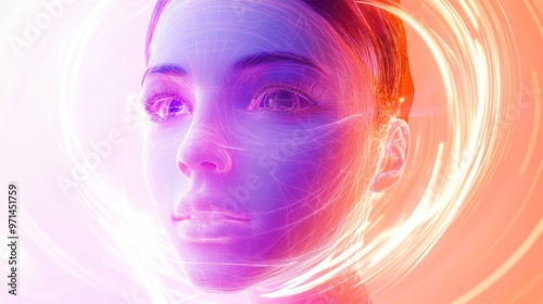 female humanoid robot face in light painting, looking at the camera, in white and dark purple swirling vortexes on a white background