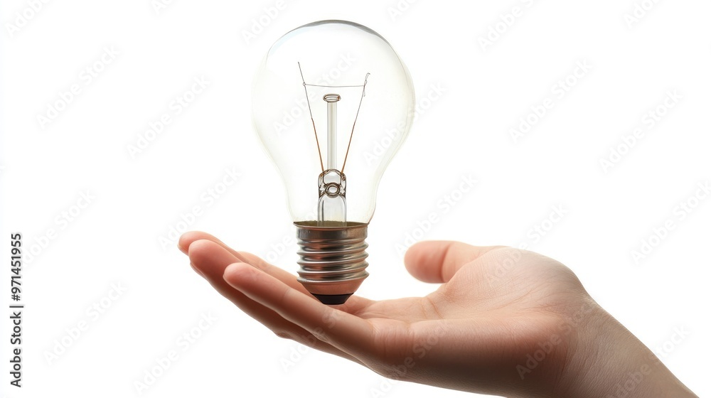 Artistic depiction of a hand holding a lightbulb on a bright white background, ample area for concept and text overlay