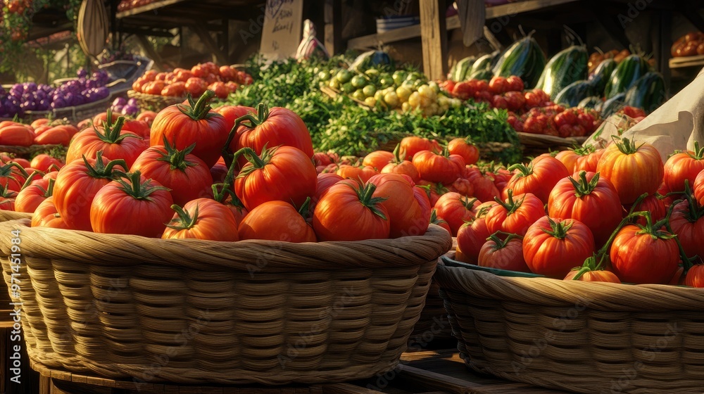A vibrant farmer market scene with baskets of tomatoes, highlighting their variety and texture amidst other fresh produce and a lively market atmosphere. A vibrant farmer market scene with baskets of tomatoes, highlighting their variety and texture amidst other fresh produce and a lively market atmosphere.