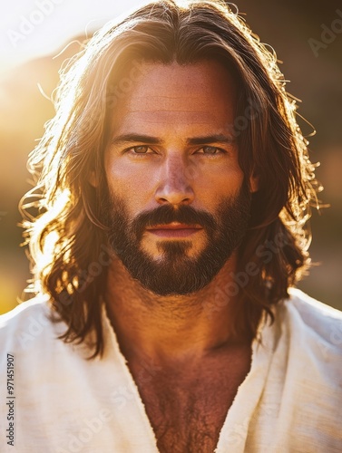 Jesus Christ depicted as a serene figure in natural sunlight