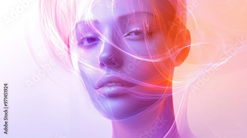 female humanoid robot face in light painting, looking at the camera, in white and dark purple swirling vortexes on a white background