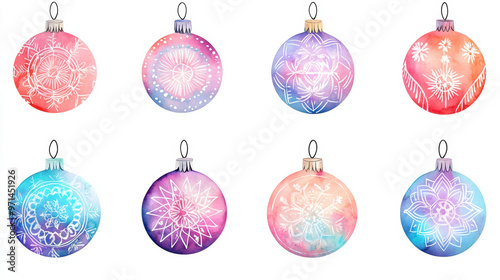 Colorful Christmas ornaments featuring intricate mandala designs in vibrant hues. These decorative pieces add festive touch to any holiday setting, perfect for creating joyful atmosphere