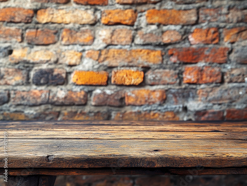 Rustic wooden table with textured surface in front of a blurred brick wall background, offering a perfect copyspace for text, ideal for vintage-themed designs, product displays, or creative projects