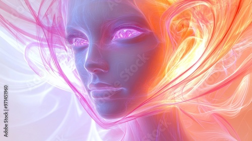 female humanoid robot face in light painting, looking at the camera, in white and dark purple swirling vortexes on a white background