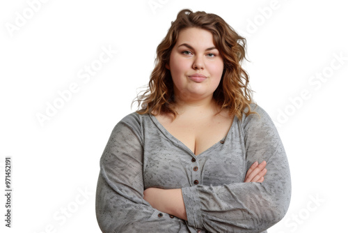 Portrait of a funny and friendly fat woman, smiling brightly at the camera, isolated on a transparent png background