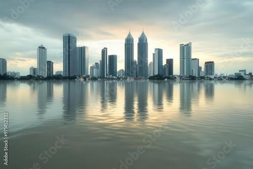 A timelapse of a bustling cityscape slowly being submerged by rising sea levels, with skyscrapers sinking into the water