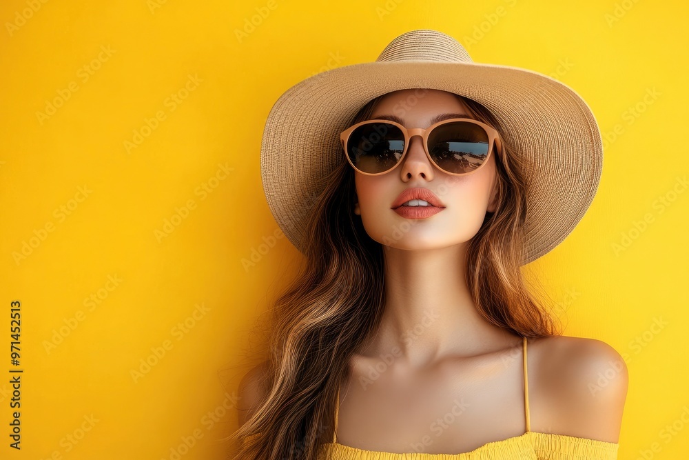 Portrait of beautiful girl in hat and sunglasses on colorful background. Fashion portrait of a beautiful young woman in sunglasses on a yellow summer background. with generative ai Portrait of beautiful girl in hat and sunglasses on colorful background. Fashion portrait of a beautiful young woman in sunglasses on a yellow summer background. with generative ai