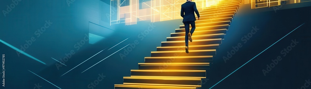 A business professional climbing a set of golden stairs toward a glowing office building, symbolizing career progression and success A business professional climbing a set of golden stairs toward a glowing office building, symbolizing career progression and success