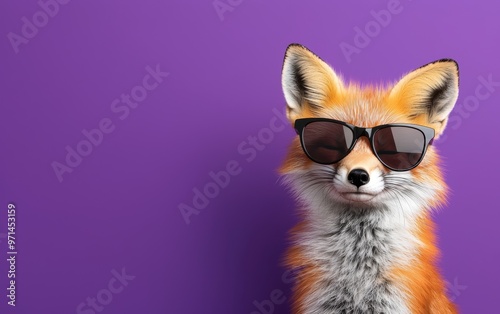 A fashionable fox wearing trendy cat-eye sunglasses on a rich purple background