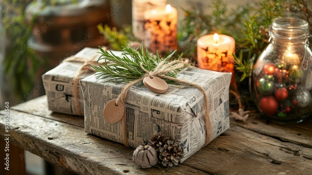 Recycled Christmas gift boxes crafted from newspaper and tied with jute twine, adorned with rosemary and clay tags, set on a vintage bench surrounded by sustainable holiday decor. Christmas, New Year Recycled Christmas gift boxes crafted from newspaper and tied with jute twine, adorned with rosemary and clay tags, set on a vintage bench surrounded by sustainable holiday decor. Christmas, New Year