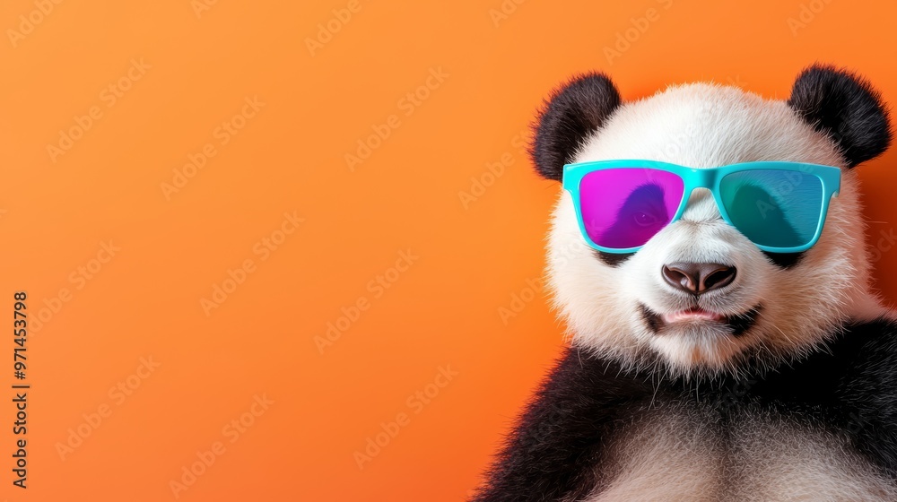 A laid-back panda bear rocking neon sunglasses on a bright orange background A laid-back panda bear rocking neon sunglasses on a bright orange background