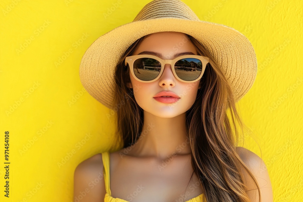 Fototapeta premium Portrait of beautiful girl in hat and sunglasses on colorful background. Fashion portrait of a beautiful young woman in sunglasses on a yellow summer background. with generative ai