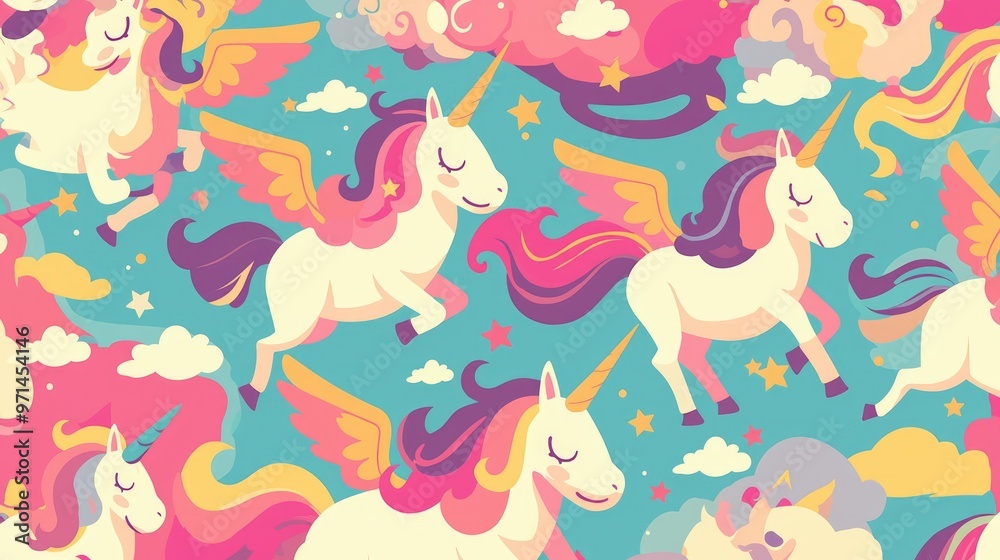 Vector illustration featuring a playful pattern of cute unicorns clouds and stars Enchanting backdrop with whimsical unicorns performing the dab dance in a cartoon style Vector illustration featuring a playful pattern of cute unicorns clouds and stars Enchanting backdrop with whimsical unicorns performing the dab dance in a cartoon style