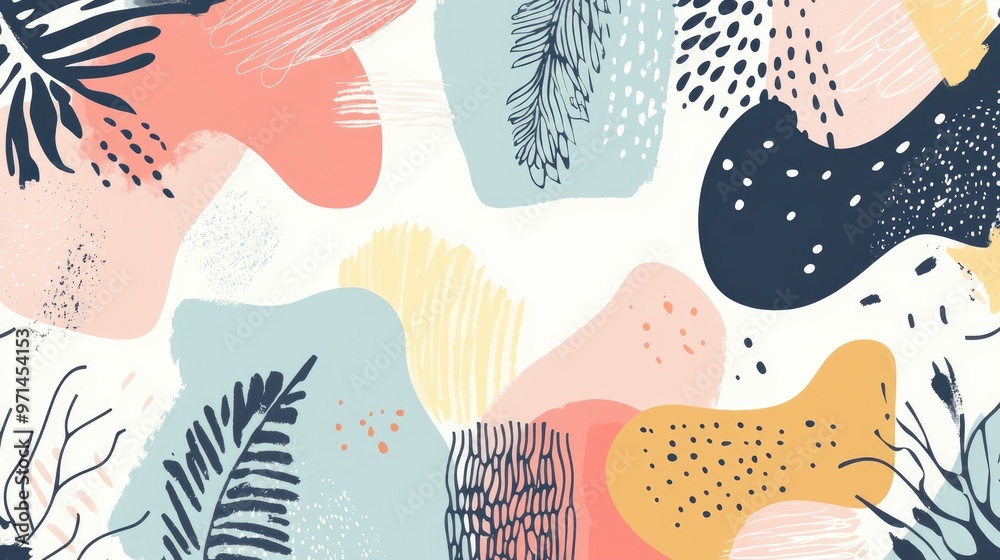 Fototapeta premium Abstract background featuring diverse shapes and doodle elements in pastel hues A contemporary vector illustration reflecting modern trends
