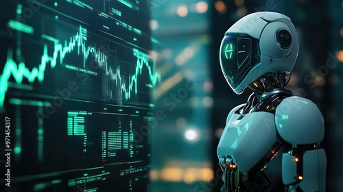 AI Robot Analyzing Data on Stock Market Charts, Automation and Future of Finance