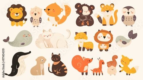 Vector illustration featuring adorable cartoon animals and birds in a whimsical naive style including a lion fox owl bird crocodile squirrel whale and cat