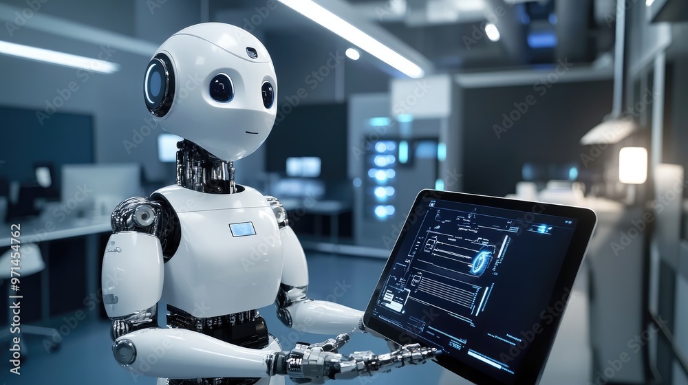 AI robot with a tablet, navigating virtual controls in a sleek, high-tech workspace AI robot with a tablet, navigating virtual controls in a sleek, high-tech workspace