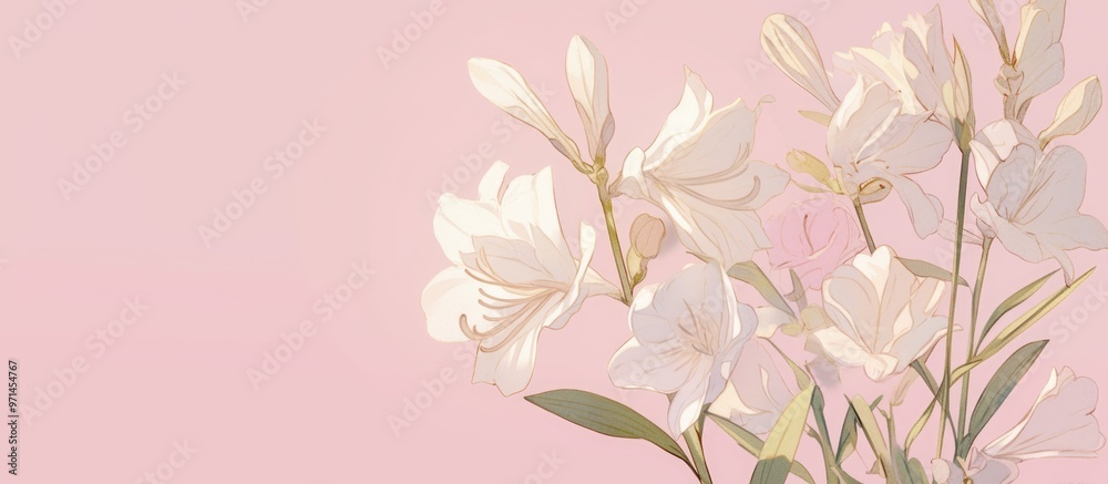 Fototapeta White alstroemerias on a soft pink background showcasing a minimalist aesthetic
