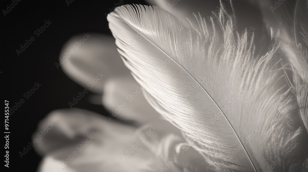 Obraz premium Artistic close-up of white feathers against a dark surface, capturing their delicate barbs and soft texture