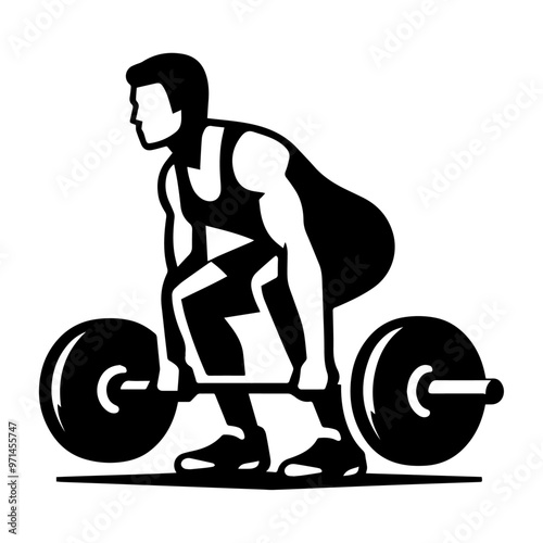 Black and white deadlifts exercise vector icon.