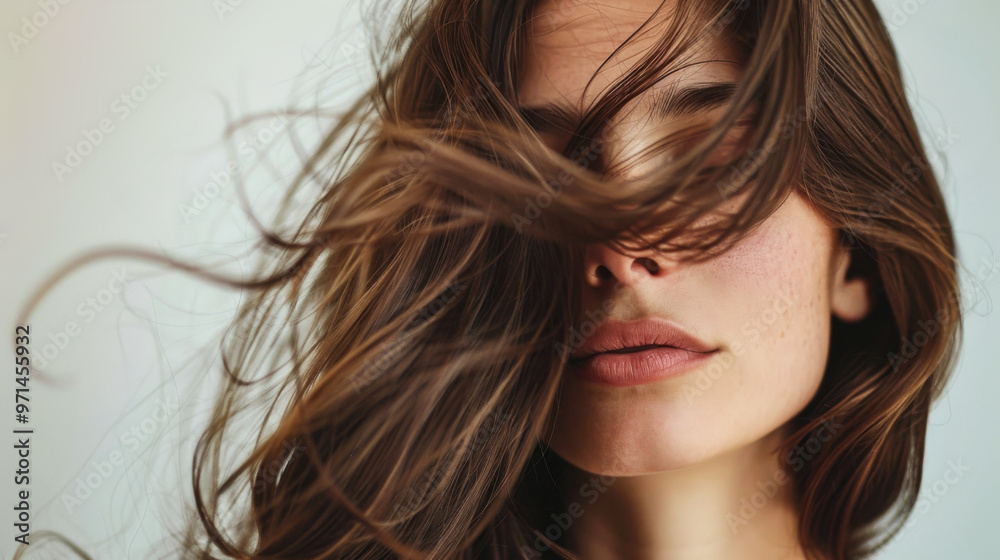 Woman with brown hair partially covering face in natural light Woman with brown hair partially covering face in natural light