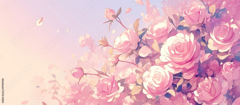Artwork featuring a background of pink roses Artwork featuring a background of pink roses