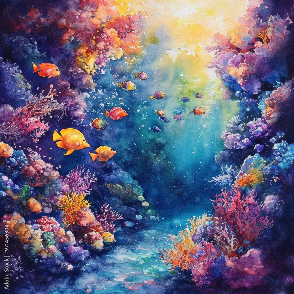 Obraz premium Underwater Watercolor Painting of Colorful Coral Reef and Fish