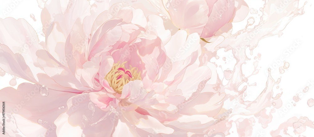Light pink peony with water splashes on a white background Light pink peony with water splashes on a white background