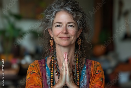 A serene middle-aged woman with silver-gray wavy hair and a warm smile is shown in a prayer or meditation pose.