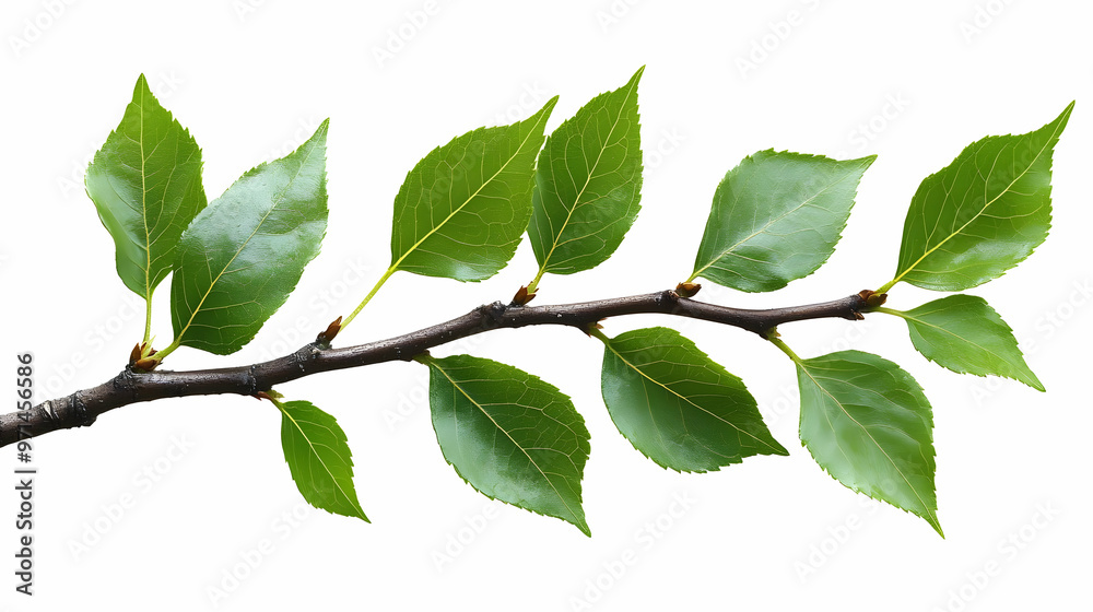 A branch with green leaves on a white background, showcasing natural beauty. A branch with green leaves on a white background, showcasing natural beauty.